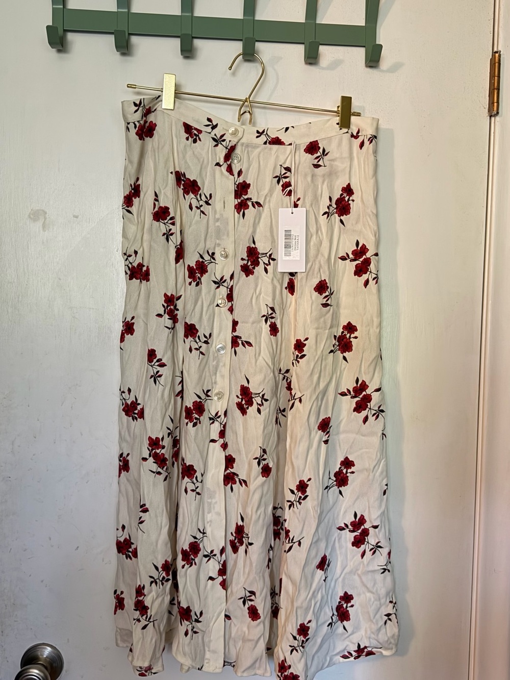 Reformation Hermosa Floral Button-Front Midi Skirt in Cream and Red